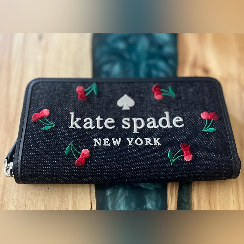 Kate Spade Denim NWT Cherry🍒wallet with Embroidery - Picture 2 of 10